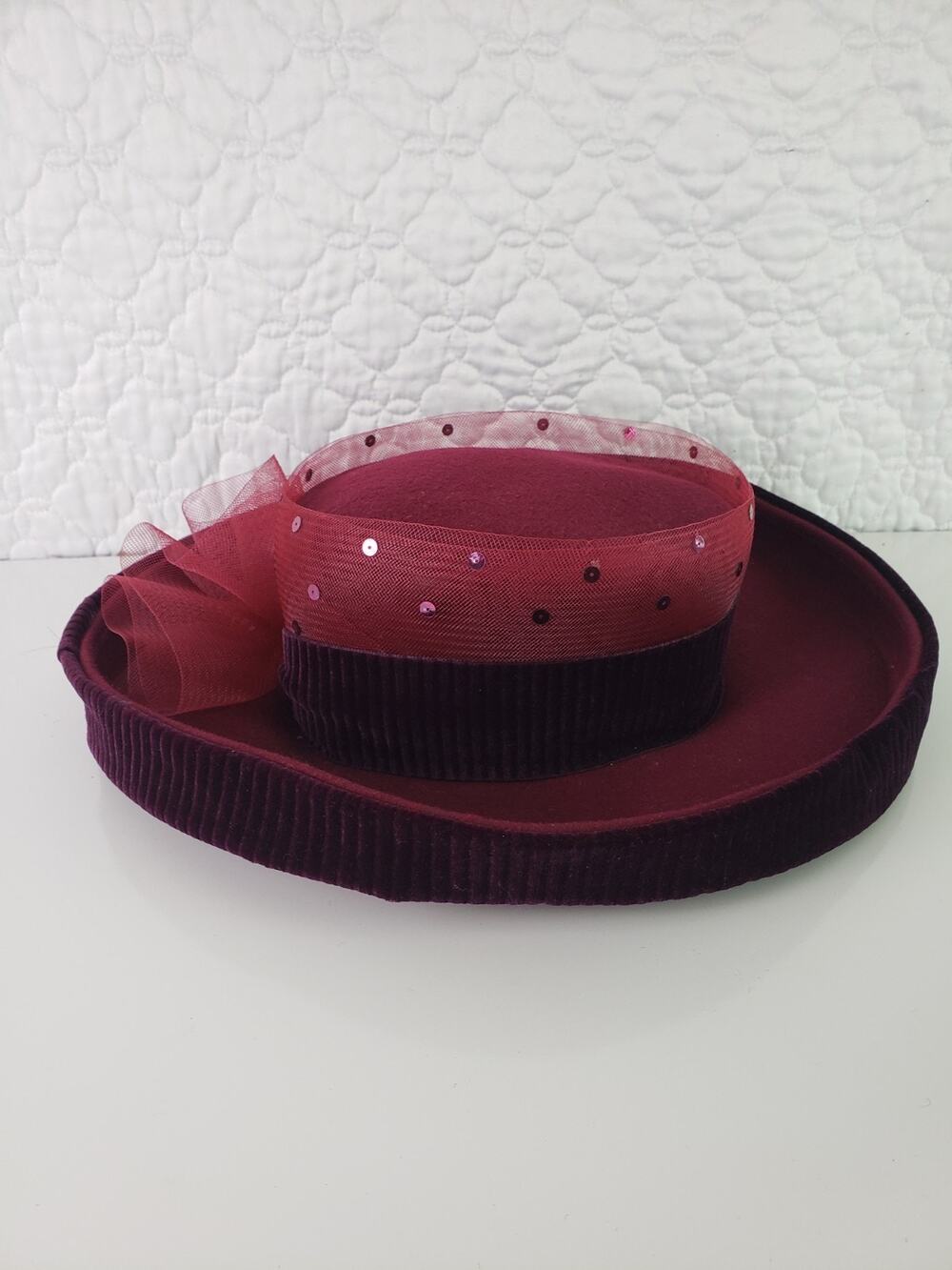 Vintage Deborah New York Wide Brim Church Burgundy Hat Felt Sequin Wool Tulle